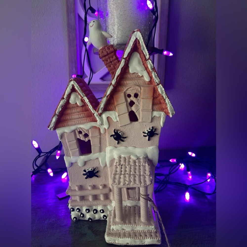 Halloween Gingerbread Pink Pastel Haunted House with Ghost 13.5 ” LED light up